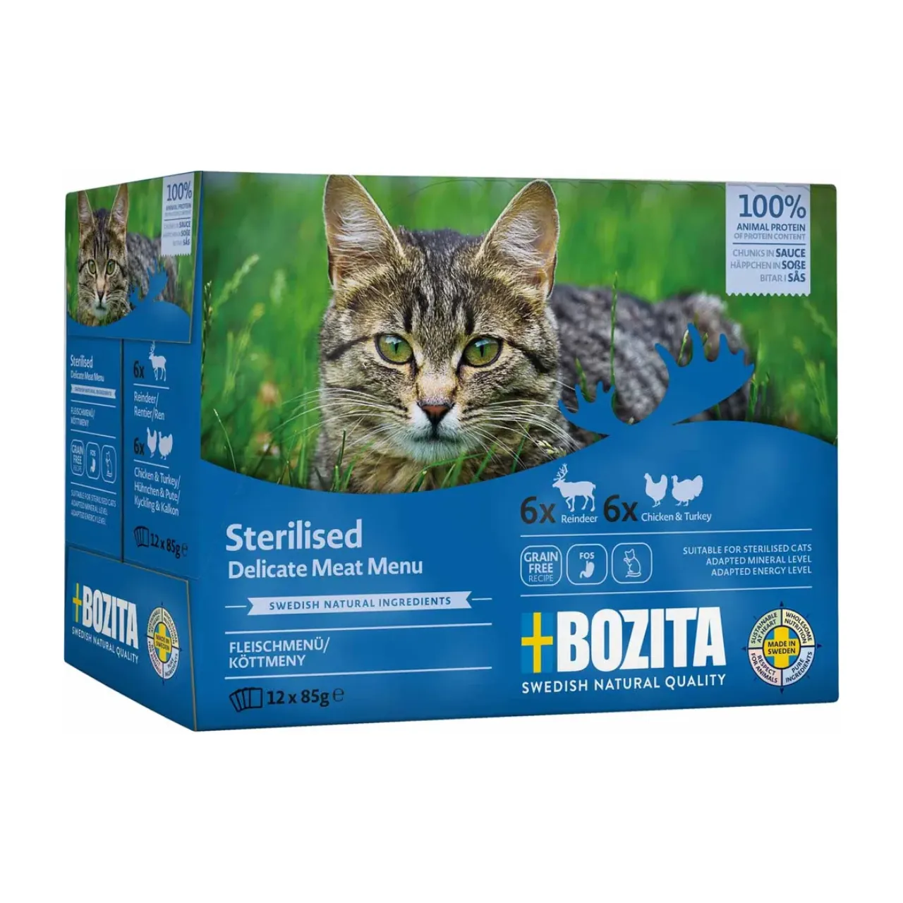 Bozita Sterilised Kød i sovs 12 x 85 g - rensdyr, kylling og kalkun